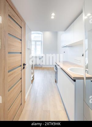 Scandinavian Style Tiny Modern Open Bright Minimalism Kitchen Home Interior. Oven, Faucet, and Furniture in Background. Dark Brown Flooring. Flower. W Stock Photo