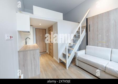 Scandinavian Style Tiny Modern Open Bright Minimalism Home Interior. Couch, Sofa and Sleeping Area, Furniture in Background. Dark Brown Flooring. Whit Stock Photo