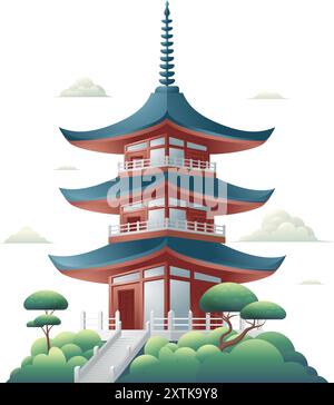 Chinese Pagoda vector illustration with stairs on a lush and beautiful hill landscape Stock Vector