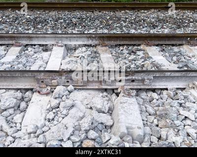 The Broken railroad tracks at the inter-rail joints at risk of causing an accident, near the station in the city, front view with the copy space. Stock Photo