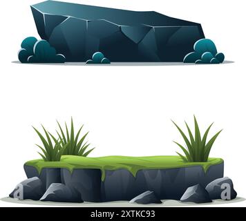 Vector stone with green bush and grass elements collections with flat cartoon design Stock Vector