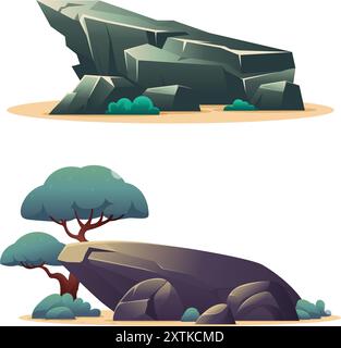 Stone, Grass and bush elements collections with flat cartoon design Stock Vector