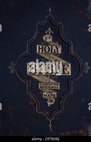 Leather-bound front cover of the Holy Bible - The Illustrated National Family Bible with the Commentaries of Scott and Henry containing many thousand Stock Photo