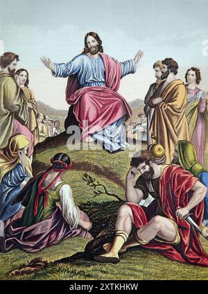 Illustration of Jesus Christ Sermon on the Mount (Gospel of Matthew) Teaching his Disciples and Listeners from Antique 19th Century Holy Scriptures wi Stock Photo