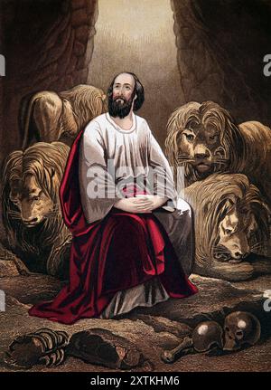 Illustration of Daniel in the Den of Lions from Antique 19th Century Holy Scriptures with Practical Commentary Stock Photo