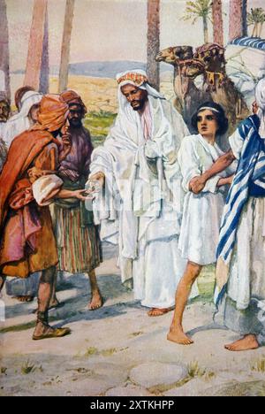 Illustration Joseph being Sold as a Slave By his Brethren to the Ishmeelites (Genesis) from Antique 19th Century book The Precious Gift Bible Stories Stock Photo