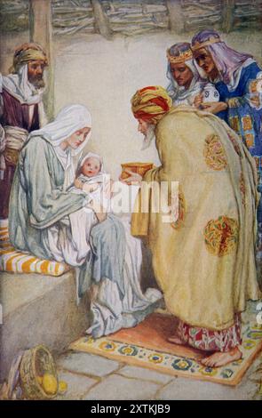 Illustration of the The Nativity Three Wise Men Gifting Gold, Frankincense and Myrrh to Baby Jesus from Antique 19th Century book The Precious Gift Bi Stock Photo