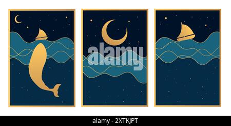 Celestial night ocean set. Posters with night sky and ocean view, golden silhouettes of a ship and a whale. Vector illustration Stock Vector