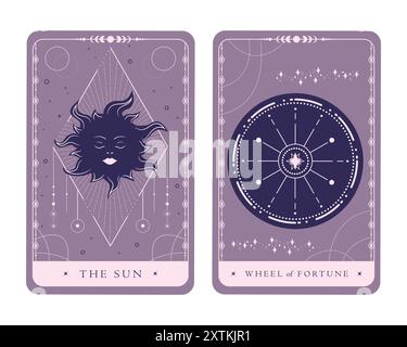 Magical celestial tarot cards of Major Arcana. Tarot symbols The Sun and Wheel of Fortune. Mystery, astrology, alchemy. Vector illustration Stock Vector