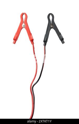 car battery jumper cables isolated white background, red and black booster cables clamps with wires Stock Photo