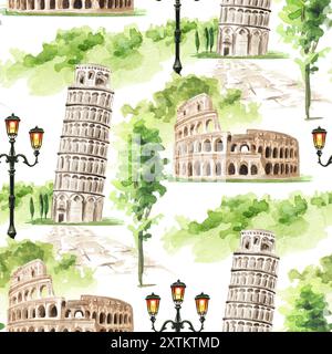 Travel to Italy Seamless pattern. Hand  drawn watercolor illustration isolated on white background Stock Photo