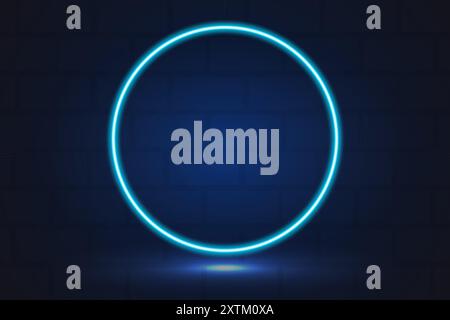 Neon glowing circle, sign, frame in blue colour with brick wall on background. Vector Stock Vector