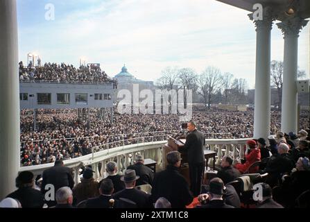 U.S. President Lyndon Johnson delivering his inaugural address, U.S. Capitol, Washington, D.C., USA, Cecil Stoughton, January 18, 1965 Stock Photo