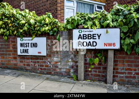 West End Lane Street Sign Next To Abbey Road Street Sign NW6, Borough Of Camden, London, England, U.K. Stock Photo