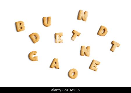 alphabet made from cookies in discord on a white background. Interesting spelling with crackers Stock Photo