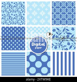 Seamless patterns set, flowers, dots, stripes, square swatches Stock Vector
