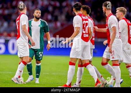 Amsterdam, Netherlands. 15th Aug, 2024. AMSTERDAM, 15-08-2024, JohanCruyffStadium Football UEFA Europa League qualifier season 2024/2025. Panathinaicos player Tonny Vilhena surrounded by Ajax players during the match Ajax - Panathinaikos. Credit: Pro Shots/Alamy Live News Stock Photo