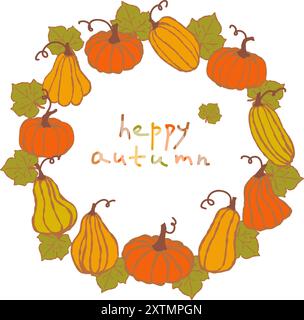 Round pumpkin arrangement with autumn leaves and text celebrating the fall season Stock Vector
