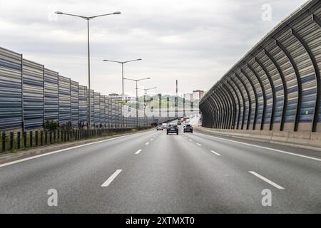 Warsaw, Poland- July 1, 2023: Motorway highway noise absorbing barriers