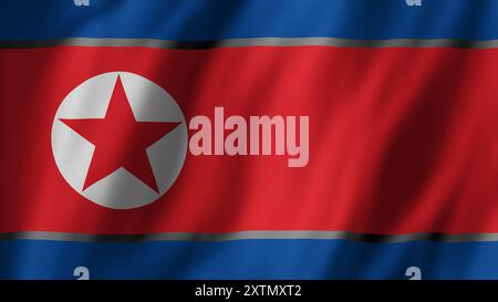 North Korean national flag featuring blue and white stripes and red star, patriotic concept. Democratic Peoples Republic of Korea Pyongyang regime flag fluttering in wind, 3D rendering Stock Photo