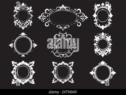 Elegant Collection of Vintage Ornamental Frames on Black Blackground For Invitation Cards and Backgrounds Stock Vector