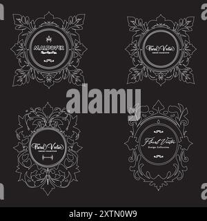 Elegant Collection of Four Vintage Floral Emblems logos with Intricate Designs on Black Background for Creative Projects and for Branding and Decor Co Stock Vector