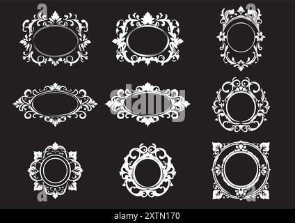 Elegant Collection of Nine Vintage ٖFloral Frames with Intricate Designs on Black Background for Creative Graphic Design Projects Stock Vector