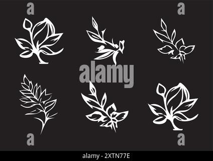Elegant Monochrome Botanical Illustrations Collection Stock Vector