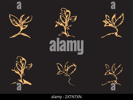 Collection of Elegant Golden Plants Silhouette on a Black Background Stock Vector