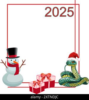 Holiday frame with snake, snowman, and presents, vector illustration Stock Vector