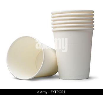 disposable empty paper cups isolated white background, made from biodegradable material for serving beverages hot cold drinks, mock-up template Stock Photo