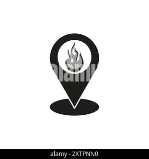 Fire location icon. Black map marker. Flame symbol inside. Vector graphic. Stock Vector