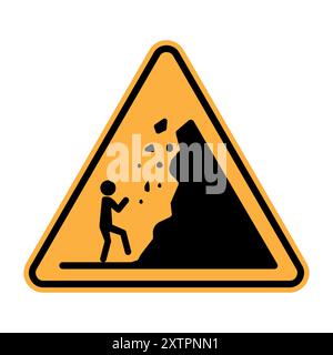 Falling rock warning. Yellow triangular sign. Danger mountain symbol. Vector safety icon. Stock Vector