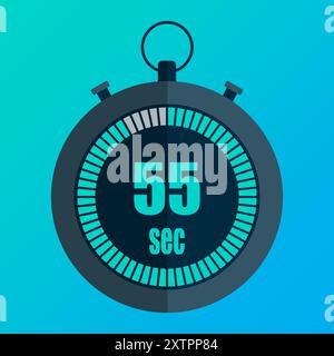 Digital stopwatch icon. Fifty five seconds. 55 seconds. Blue gradient background. Time management vector. Stock Vector