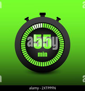Stopwatch showing 55. Fifty five minutes. Bright green gradient. Bold black outline. Vector illustration. Stock Vector