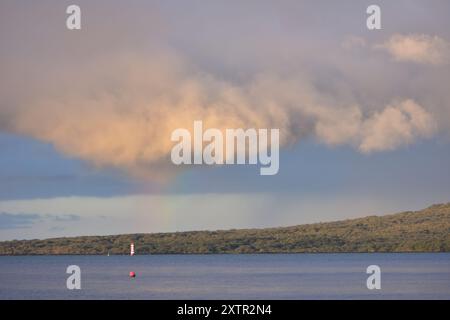 Storm clouds rolling over Rangitoto island. Location: Takapuna Auckland New Zealand Stock Photo