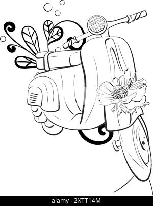 Vector scooter illustration. Vintage motorbike in romantic style. Paris travel love vacation. Black silhouette for circuit Stock Vector