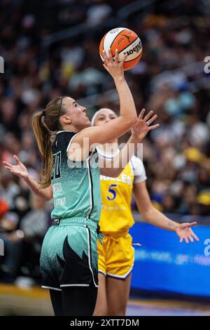 New York Liberty guard Sabrina Ionescu (20) scores during a WNBA basketball game against the Los Angeles Sparks, Thursday, August 15, 2024, at Crypto. Stock Photo