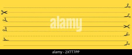 Set of scissors cutting dotted lines on yellow background. Cut here symbols Stock Vector