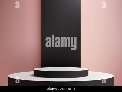 Minimalist Black Cylinder Platform on White Base with Pink and Black Stripes Wall, Modern Product Display for Mockup, Showcase, and Showroom Stock Vector