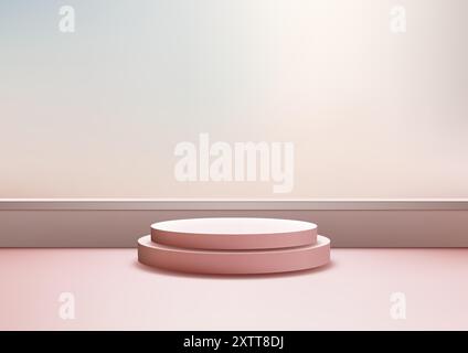 Minimalist 3D scene featuring stacked pink podiums on a soft gradient floor. Ideal for product display, mockups, and elegant showcases in modern showr Stock Vector
