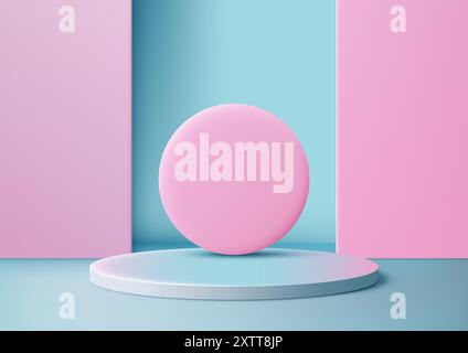 Modern minimalist podium with pink circle on 3d platform in pastel blue and pink scene, suitable for exhibition and showroom Stock Vector