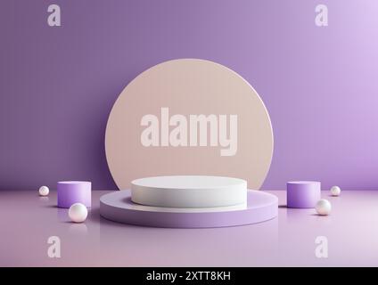 Minimalist 3D White and Purple Podium on Purple Background with Cream Circle and Spheres for Modern Product Display and Mockup Scene for Showroom and Stock Vector