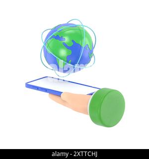 Flat 3d isometric businessman hand holding smartphone with world and global network. internet connection and global communication concept.3D rendering Stock Photo
