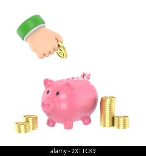 Flat 3d isometric businessman hand putting dollar coin into piggy bank. Financial and money saving concept.3D rendering on white background. Stock Photo