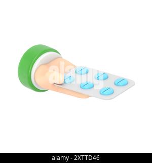 3d render. Pack of pills icon. Doctor or pharmacist cartoon hand with black skin holding drugs. Medical healthcare illustration.3D rendering on white Stock Photo