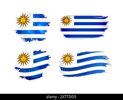 Set of editable isolated icons with Uruguayan flag. Brushing style shapes, flag of Uruguay background with clipping mask. Traditional and 3D waving Stock Vector