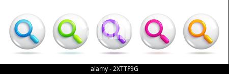 Sets of 3d realistic search icon. Colourful icons in blue, green, violet, pink and orange. 3d Sets of Vector Elements. Stock Vector