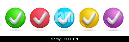 3d realistic check mark icons in different colours. Sets of check correct right icons. 3d Sets of Vector Elements. Stock Vector