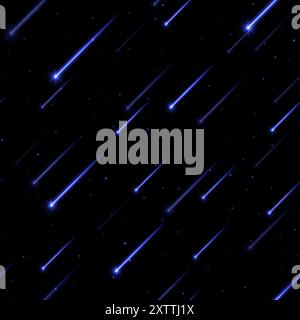 Seamless meteor rain, shooting stars background. Bright, streaking lights falling from the sky. Stock Vector